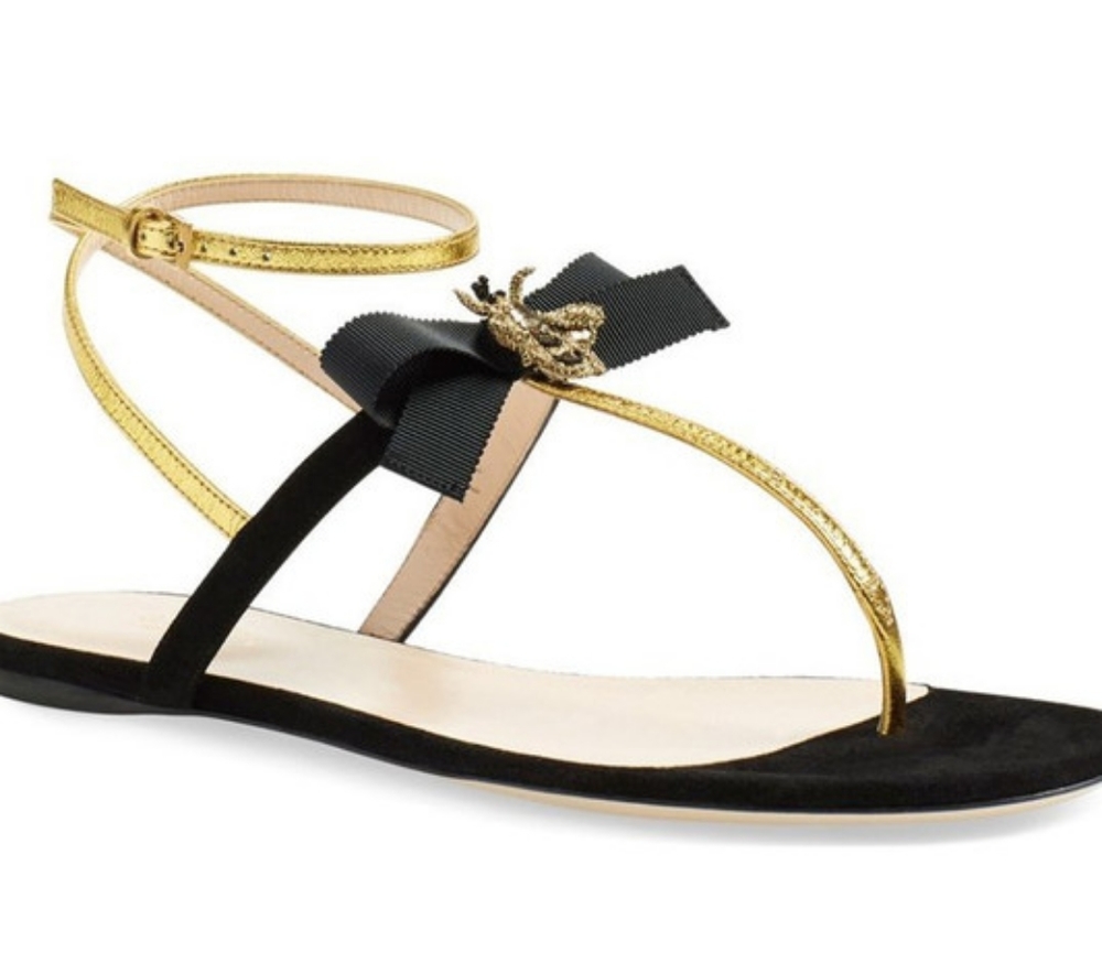 Gucci Bow Ankle Strap Sandal Sz 39 Black Leather Gold Bee Strappy Sandals
